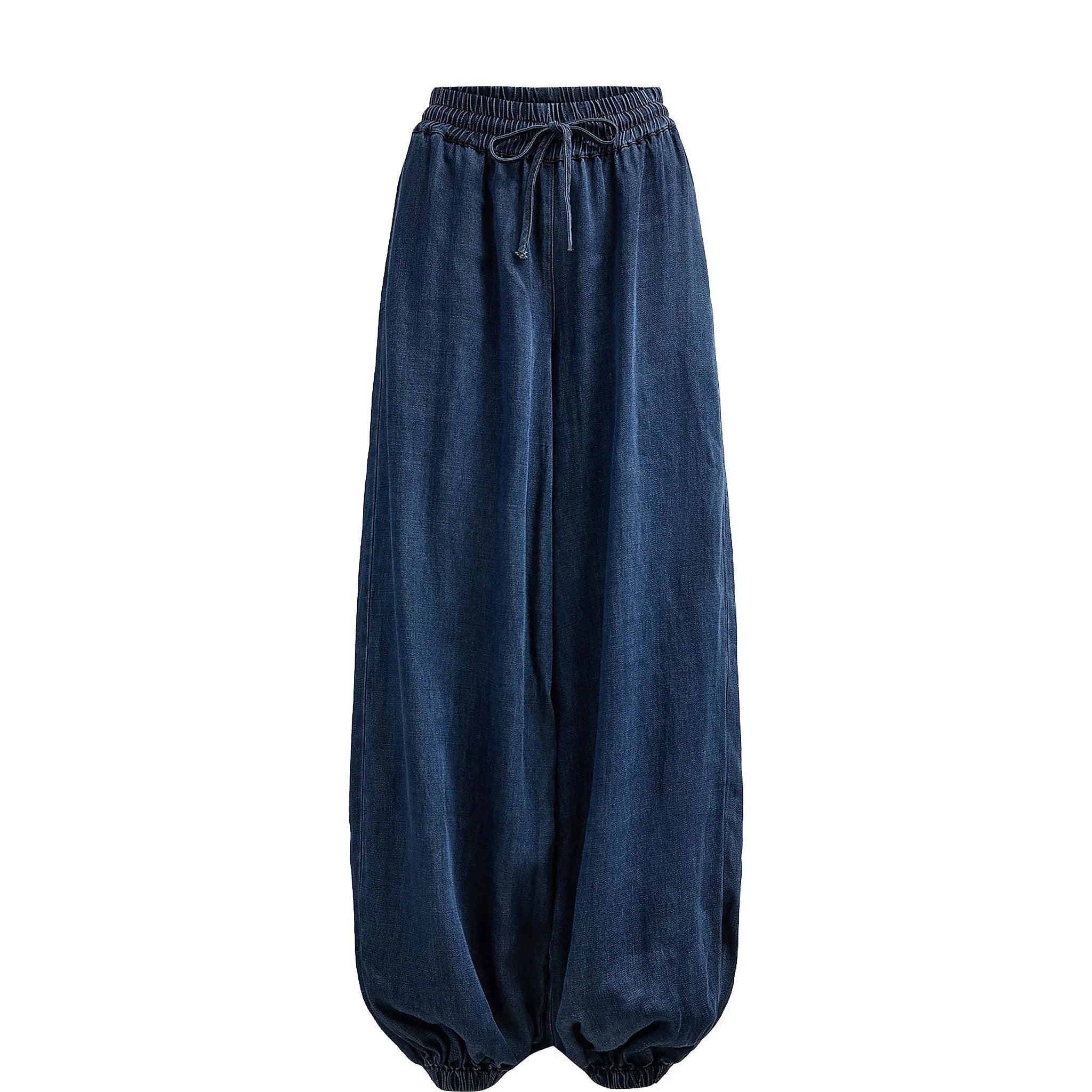 Mørkeblå Nümph bukser med denimlook forfra med elastisk linning, bindebånd og elastik ved anklen