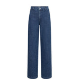 Blå wide leg jeans fra Nümph med høj talje set forfra, liggende produktbillede