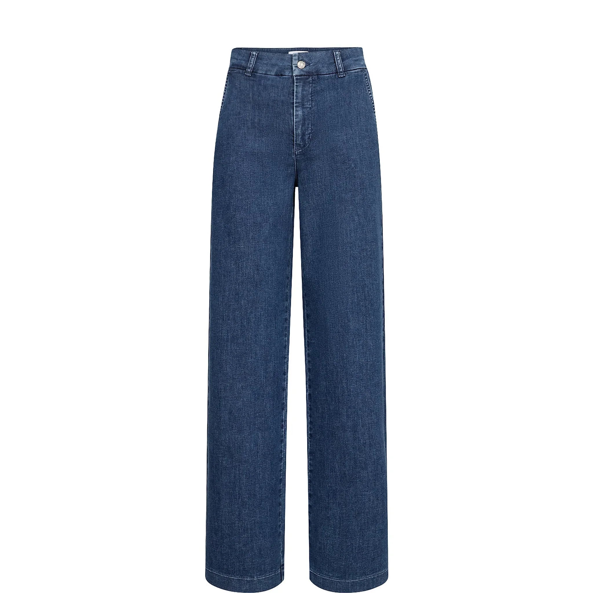 Blå wide leg jeans fra Nümph med høj talje set forfra, liggende produktbillede
