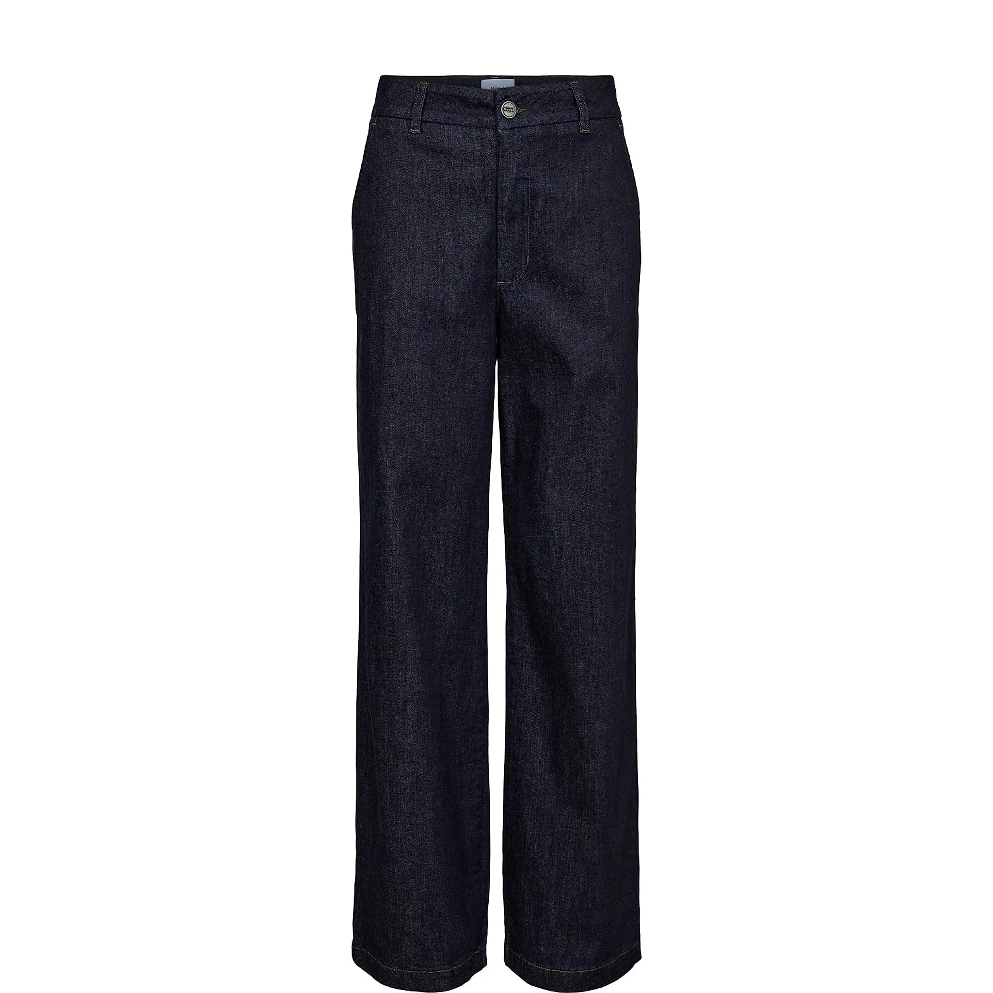Blå wide leg bukser i denim fra Nümph set forfra på hvid baggrund
