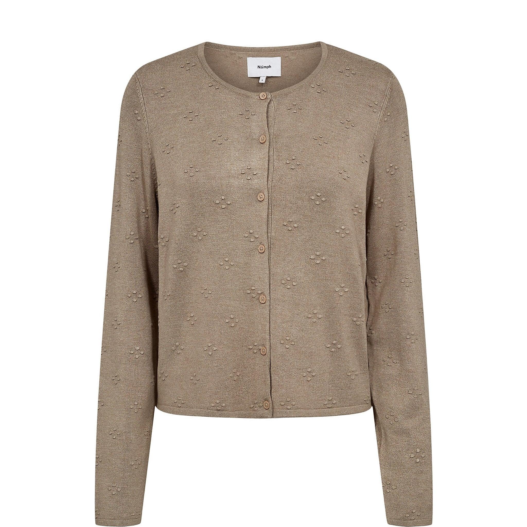 Grå Nuashton cardigan fra Nümph med rund hals, knapper og prikmønster i strikken set forfra