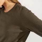 Nærbillede af rund hals og ærme på grøn strikket pullover fra Nümph