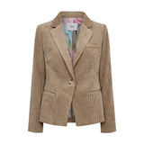 Beige taljeret fløjlsblazer fra Nümph forfra med reverskrave, én knap og farverigt mønstret for