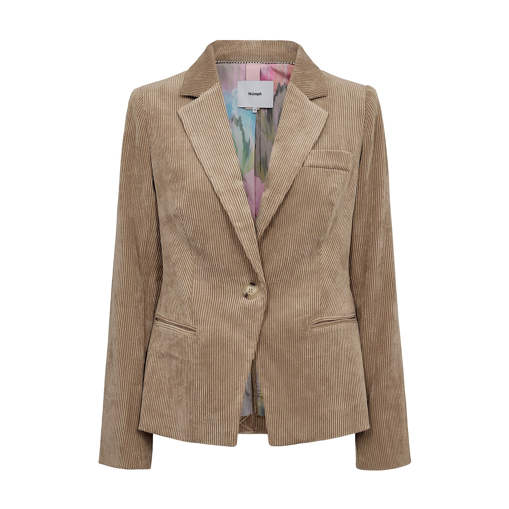 Beige taljeret fløjlsblazer fra Nümph forfra med reverskrave, én knap og farverigt mønstret for
