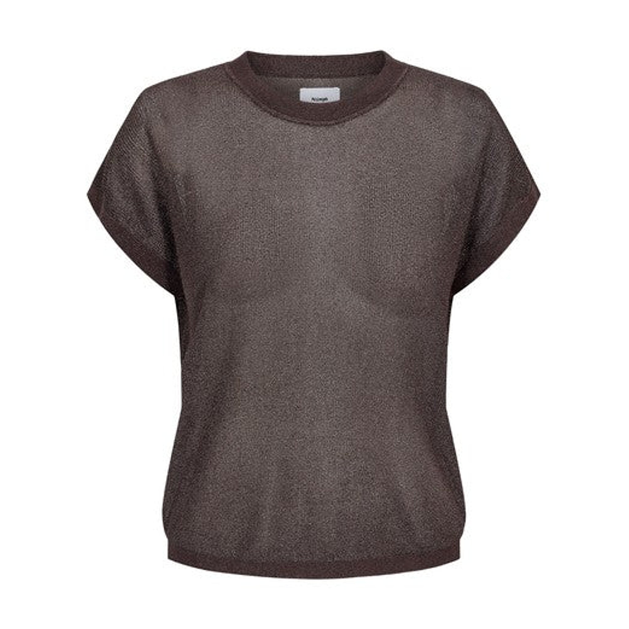 Brun kortærmet strik Nuceria SS Pullover fra Nümph med rund hals og ribkanter, set forfra