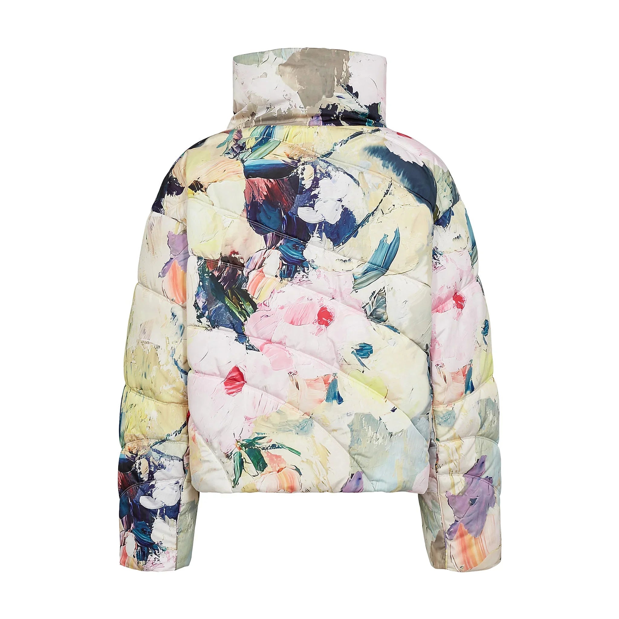 Kort pink pufferjakke med farverigt print og quiltede kanaler, set bagfra