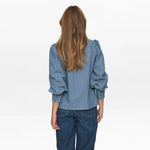 Model i blå stribet bluse set bagfra med vide ærmer og smock ved håndleddet