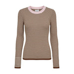 Brun og cremefarvet stribet pullover i ribstrik med lyserød halsrib set forfra