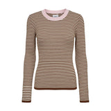 Brun og cremefarvet stribet pullover i ribstrik med lyserød halsrib set forfra