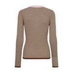 Brun og cremefarvet stribet pullover set bagfra med brun rib forneden og ved ærmerne