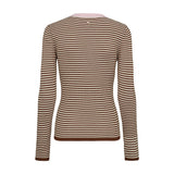 Brun og cremefarvet stribet pullover set bagfra med brun rib forneden og ved ærmerne