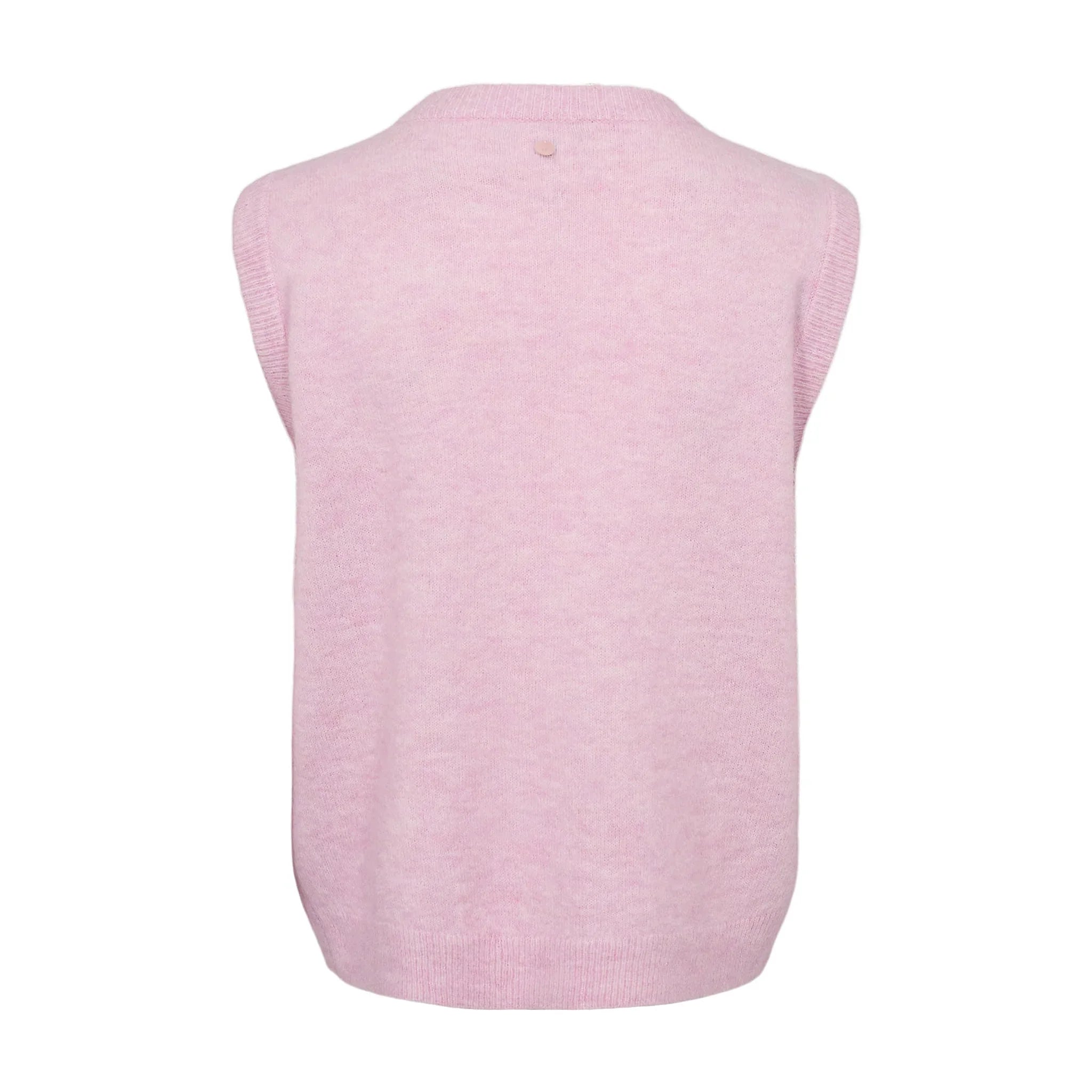 Pink strikket vest fra Nümph uden ærmer med ribkant i halsen og nederst, set bagfra