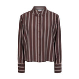 Brun stribet skjorte Nujoni Shirt fra Nümph med krave, knapper og brede manchetter set forfra