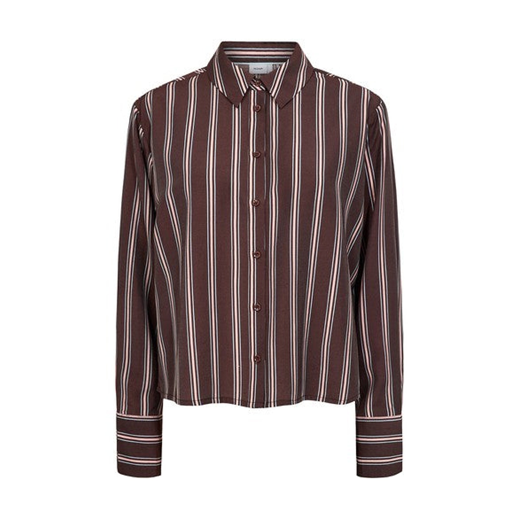 Brun stribet skjorte Nujoni Shirt fra Nümph med krave, knapper og brede manchetter set forfra