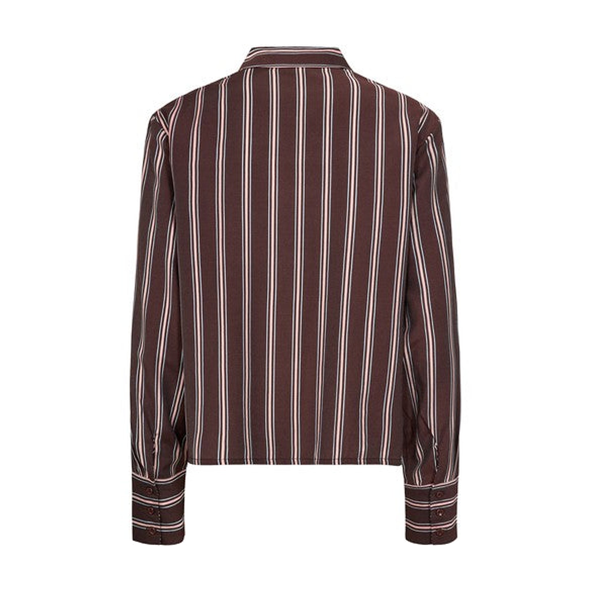 Brun stribet skjorte Nujoni Shirt fra Nümph set bagfra med lange ærmer og knapper ved manchetterne