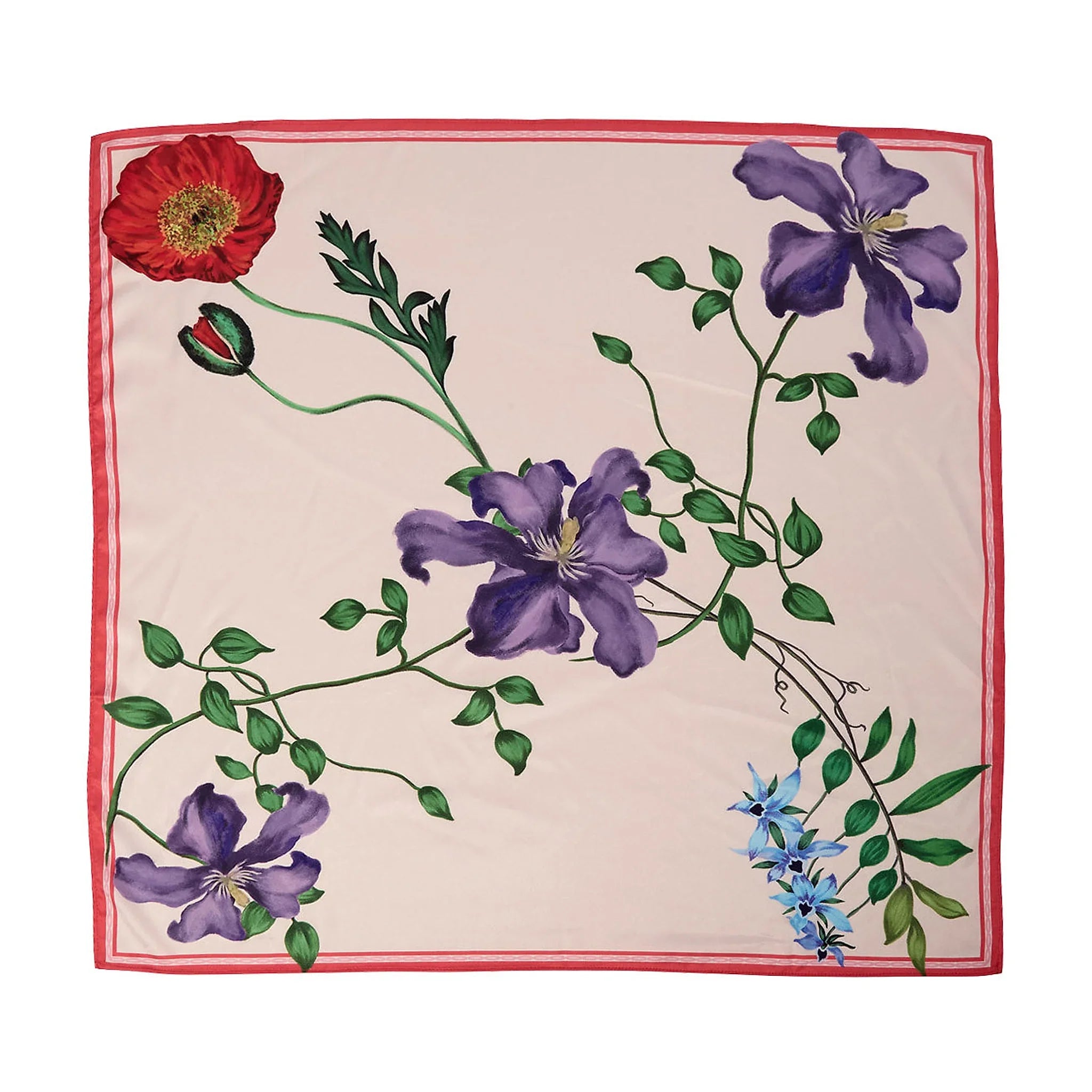 Pink firkantet tørklæde i satin med lilla, røde og blå blomster og rød kant, set foldet helt ud