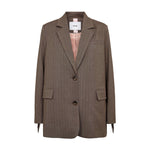 Brun blazer med sildebensmønster og to knapper set forfra, med lyserødt for og frynser ved ærmerne