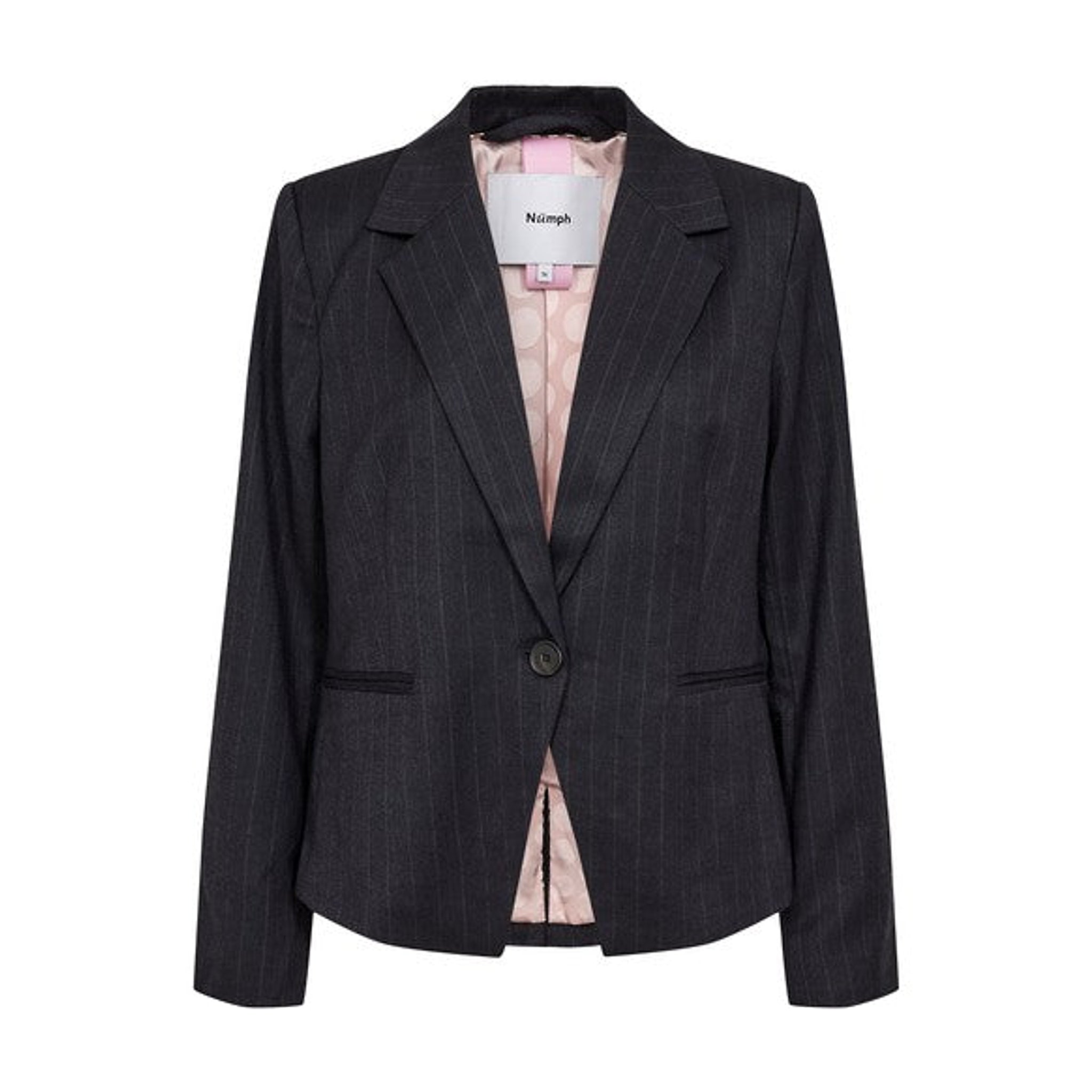 Navy nålestribet blazer fra Nümph forfra med reverskrave, én knap og lyserødt for med prikker
