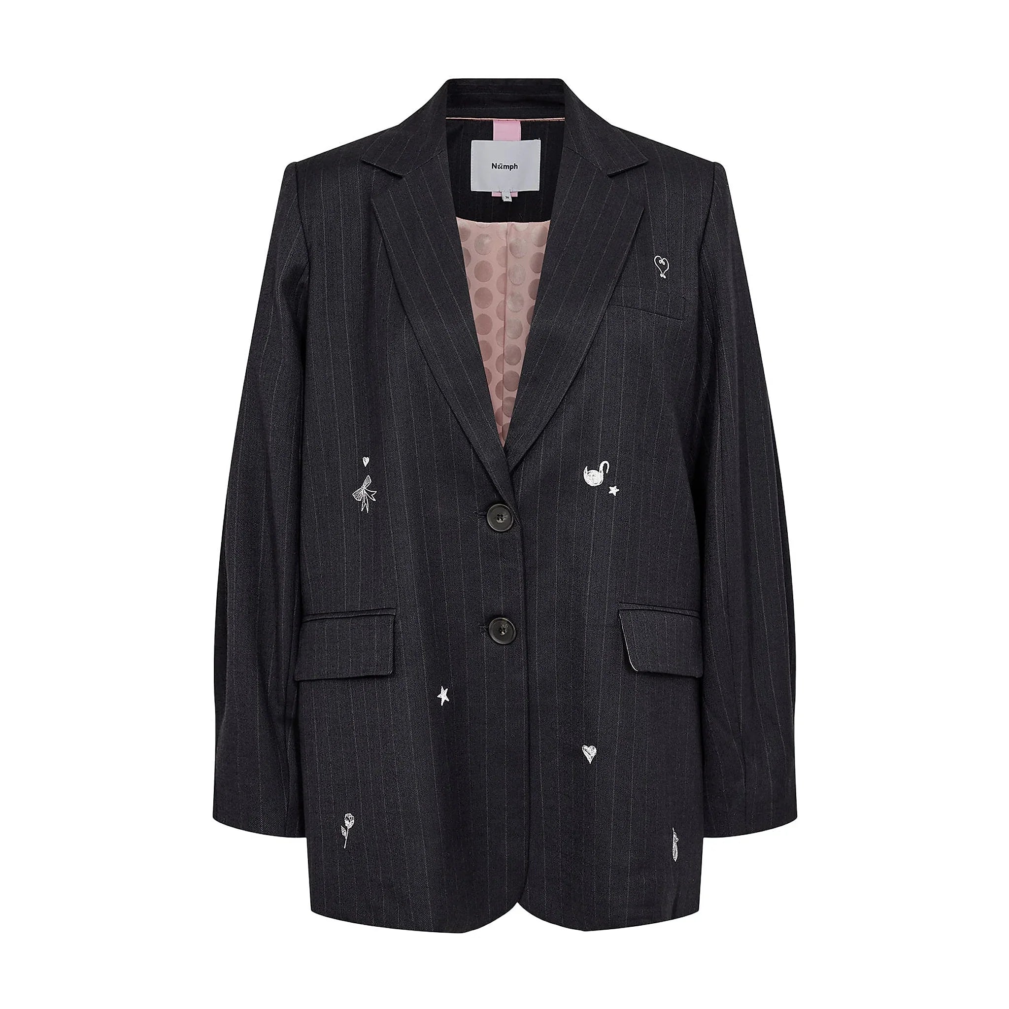Navy oversize blazer med nålestriber og små hvide motiver set forfra med lyserødt for med prikker