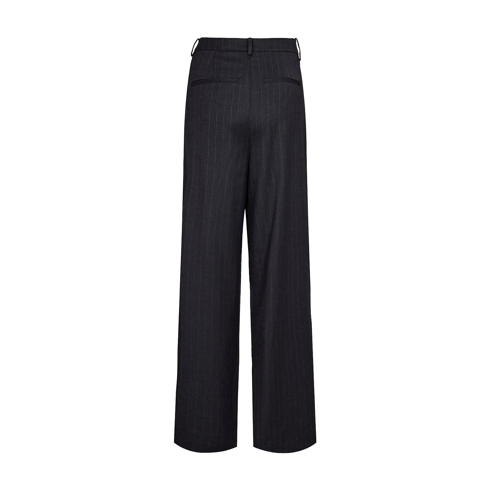 Navy nålestribede wide leg bukser set bagfra med to lommer bagpå