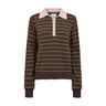 Brun stribet pullover fra Nümph med gule striber, lyserød polokrave og beige knapstolpe set forfra