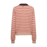 Lysebrun stribet pullover fra Nümph set bagfra med mørkebrun krave og bølget kant forneden