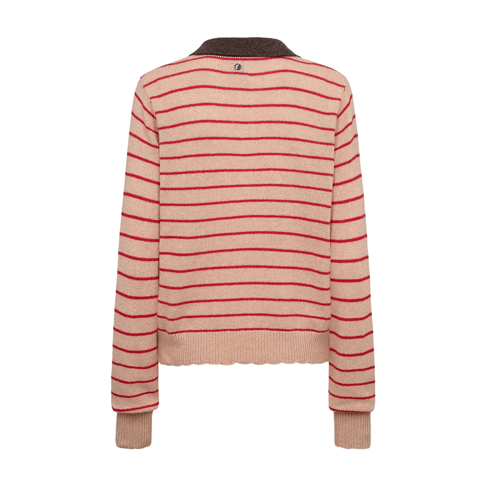 Lysebrun stribet pullover fra Nümph set bagfra med mørkebrun krave og bølget kant forneden