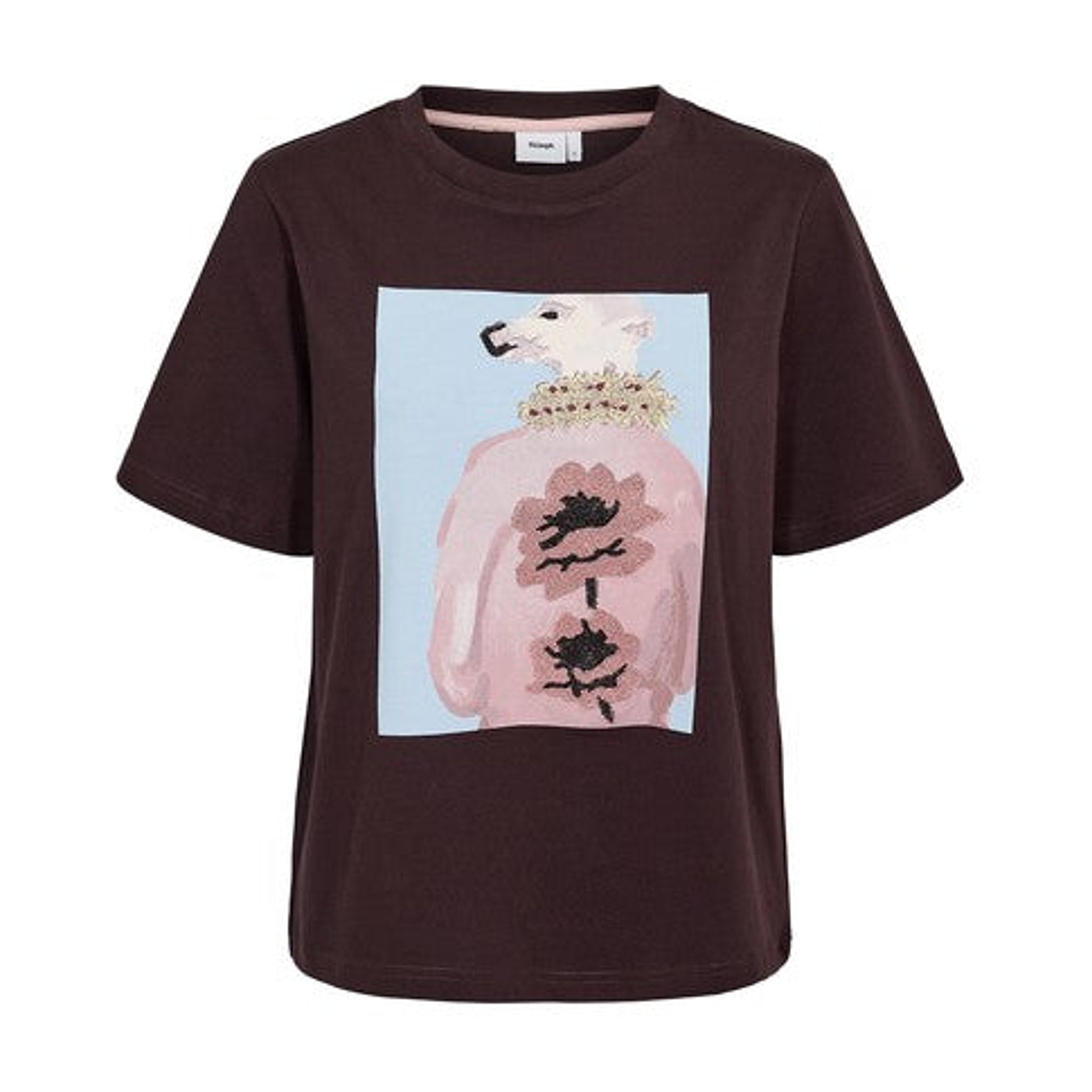 Brun Numanta t-shirt fra Nümph forfra med print i lyserød og lyseblå