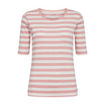 Pink og hvid stribet t-shirt fra Nümph med rund hals og halvlange ærmer set forfra