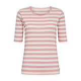 Pink og hvid stribet t-shirt fra Nümph med rund hals og halvlange ærmer set forfra