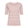 Pink og hvid stribet t-shirt fra Nümph med rund hals og halvlange ærmer set forfra