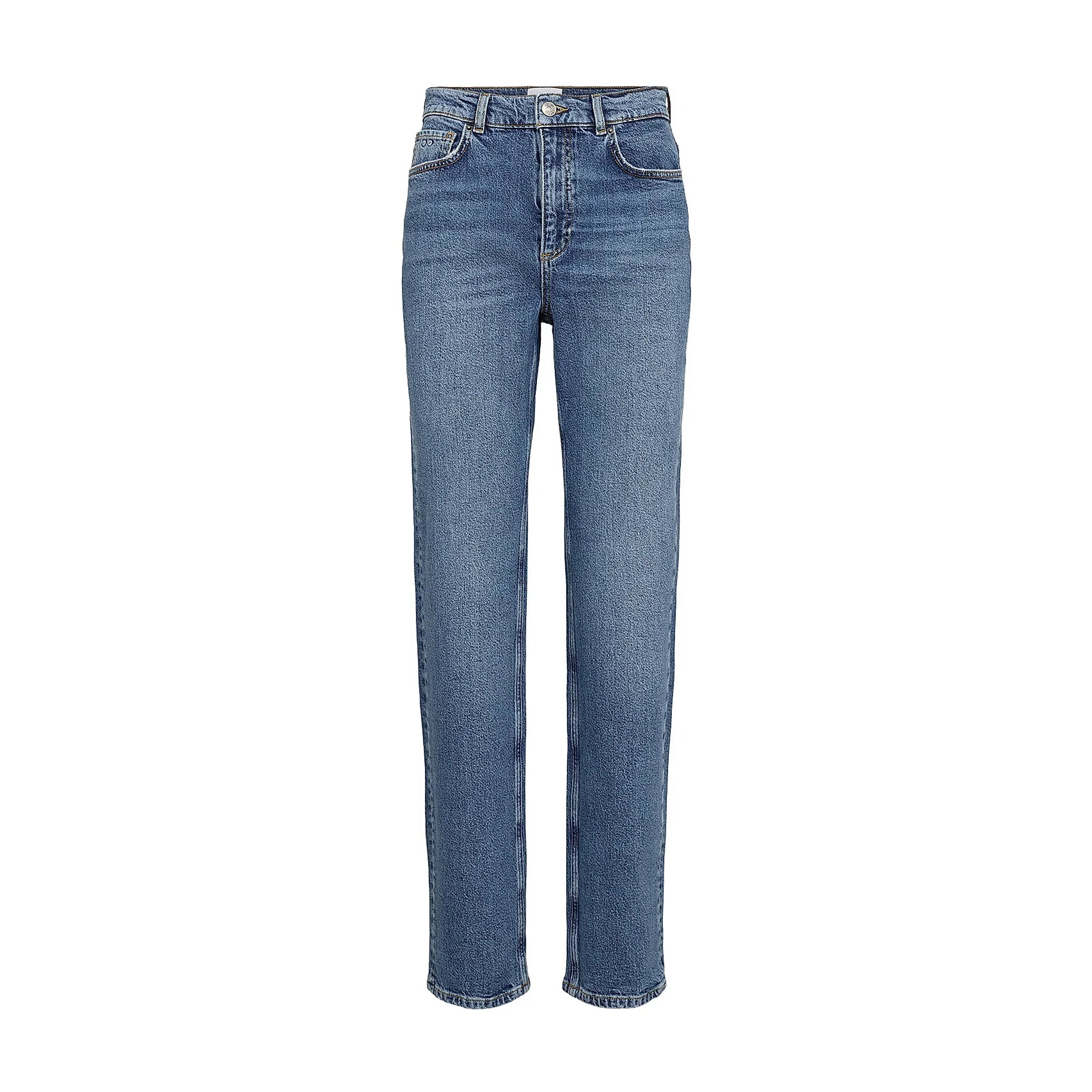 Blå straight jeans med høj talje fra Nümph i Medium Blue Denim set forfra
