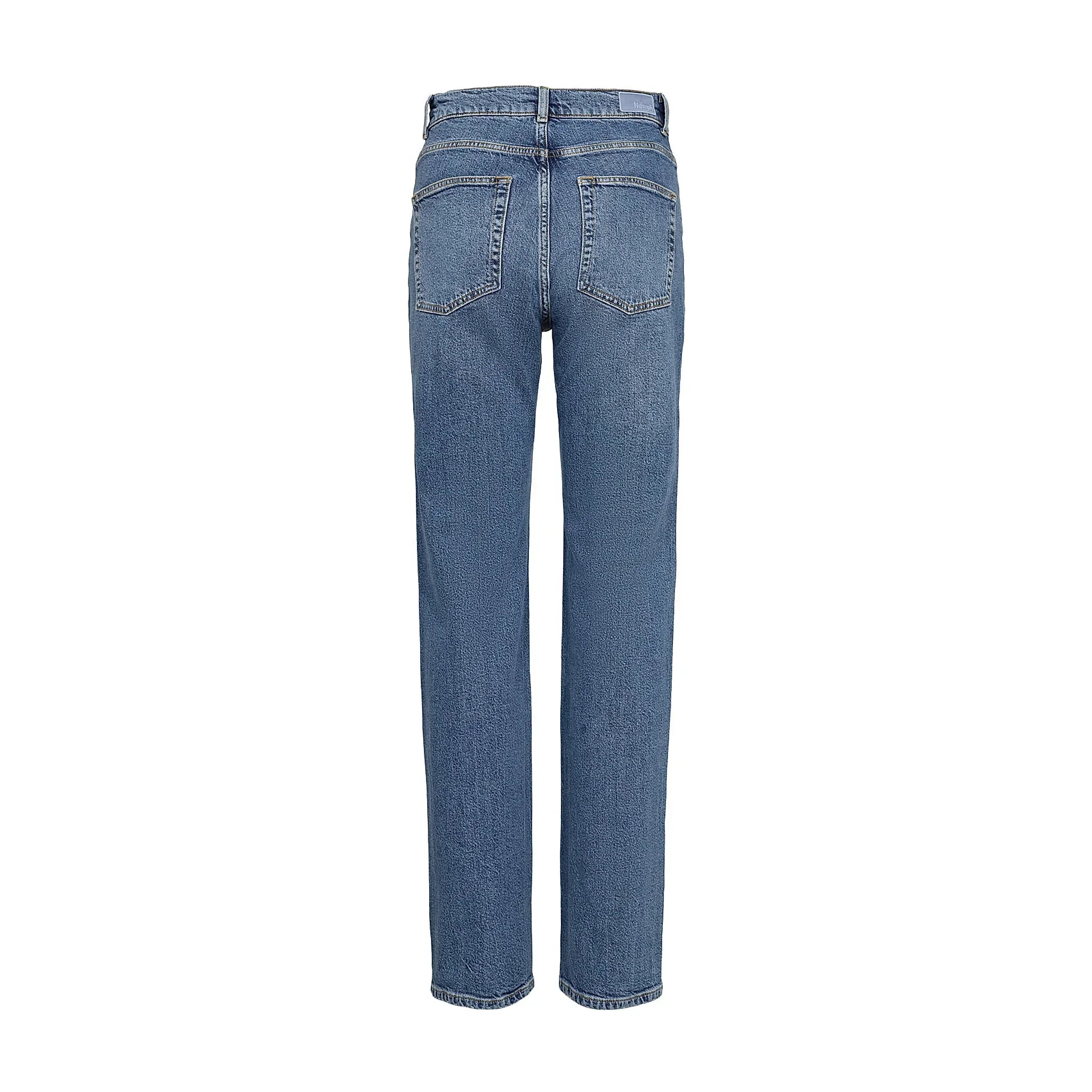 Blå Nuoslo straight jeans set bagfra med to baglommer og mærke på linningen