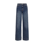 Blå wide leg jeans fra Nümph med høj talje, knap og lommer foran, set forfra
