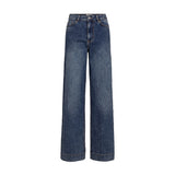 Blå wide leg jeans fra Nümph med høj talje, knap og lommer foran, set forfra