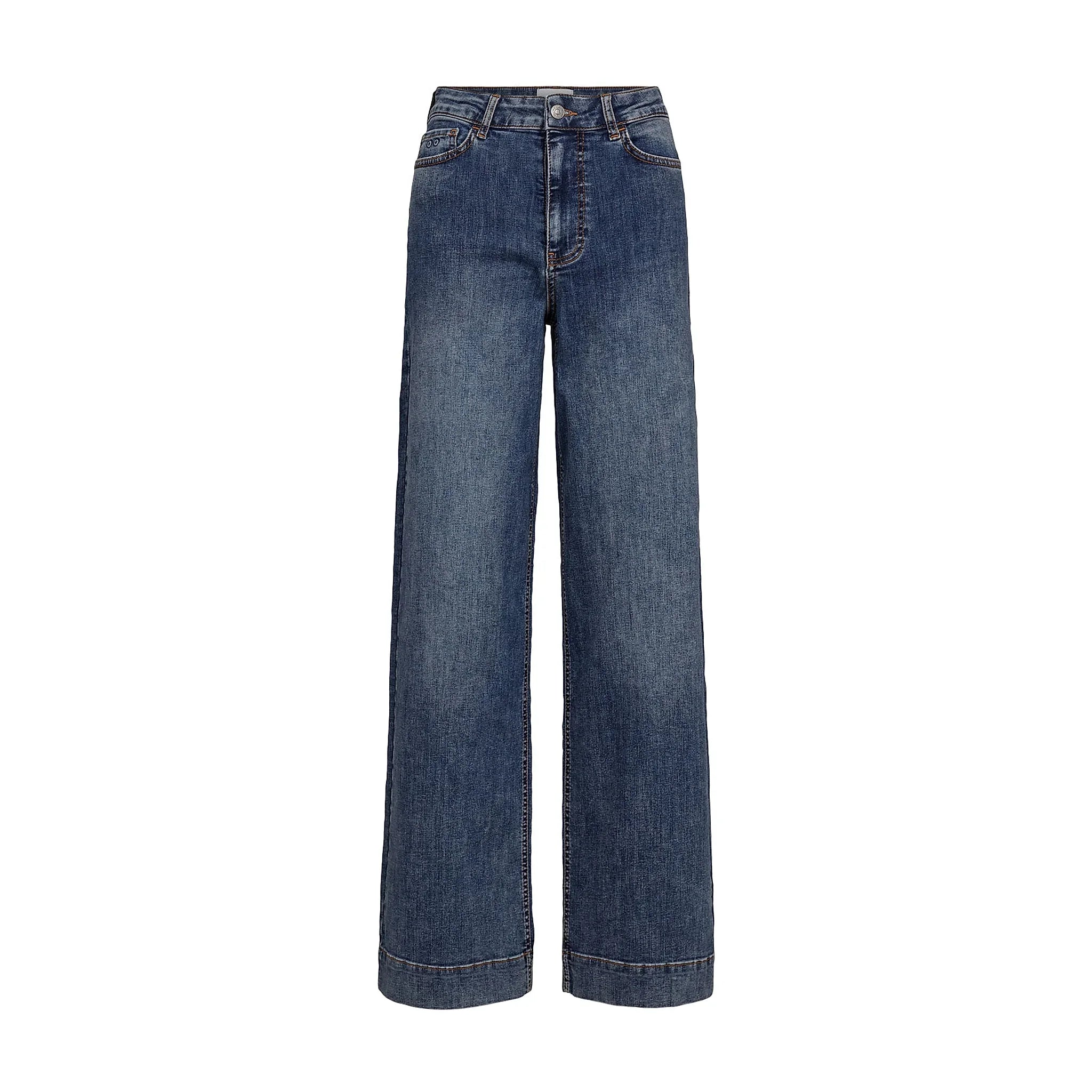 Blå wide leg jeans fra Nümph med høj talje, knap og lommer foran, set forfra