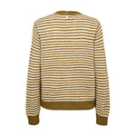 Grøn og cremehvid stribet cardigan set bagfra med grøn ribkant forneden og ved ærmerne