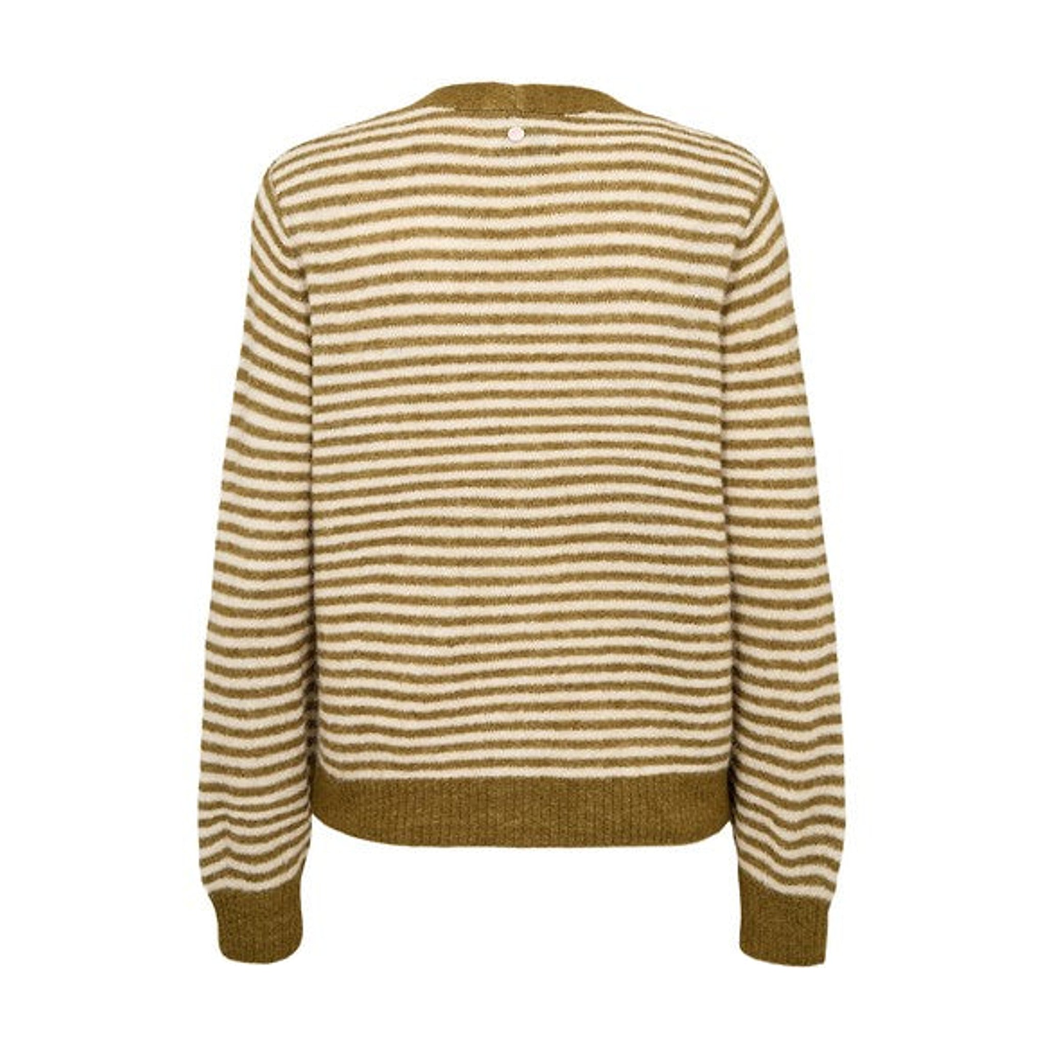 Grøn og cremehvid stribet cardigan set bagfra med grøn ribkant forneden og ved ærmerne