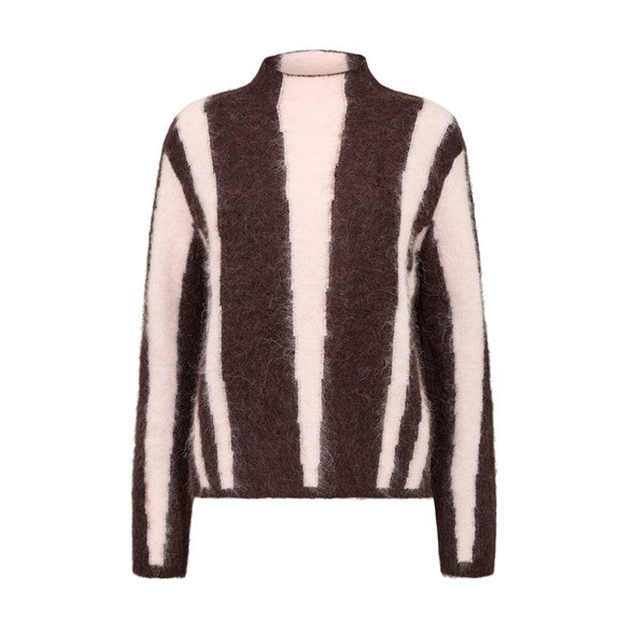 Brun pullover med lyserøde lodrette striber og høj hals set forfra
