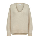 Beige pullover med V-hals fra Nümph set forfra uden model