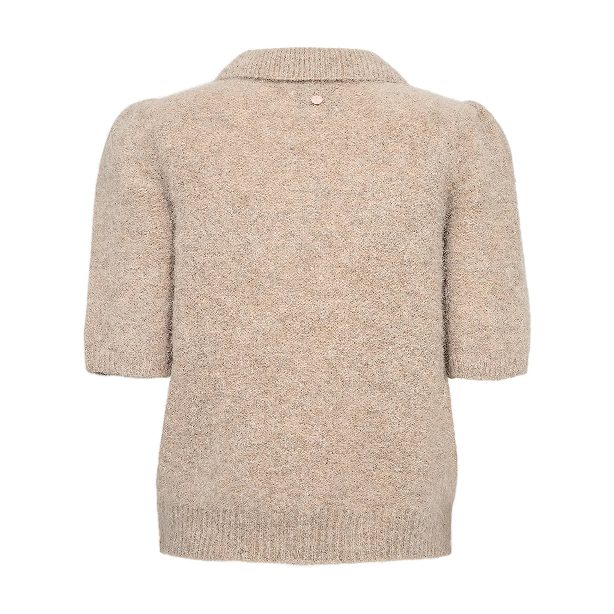 Beige kortærmet cardigan fra Nümph med puffærmer og ribkant set bagfra