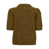 Grøn kortærmet cardigan i fluffy strik med puffærmer og ribkant, set bagfra