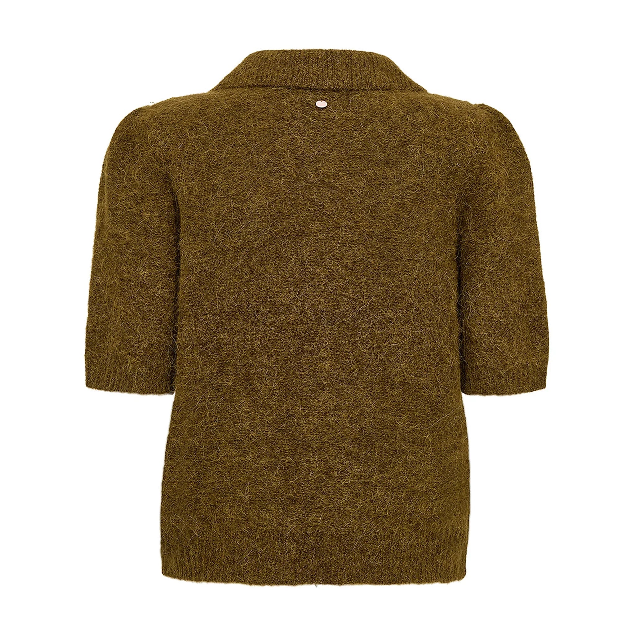 Grøn kortærmet cardigan i fluffy strik med puffærmer og ribkant, set bagfra