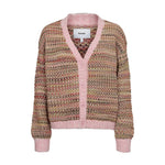 Nümph Nusamia cardigan i pink meleret strik med v-hals, knapper foran og kanter i lys pink, set forfra