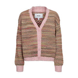 Nümph Nusamia cardigan i pink meleret strik med v-hals, knapper foran og kanter i lys pink, set forfra