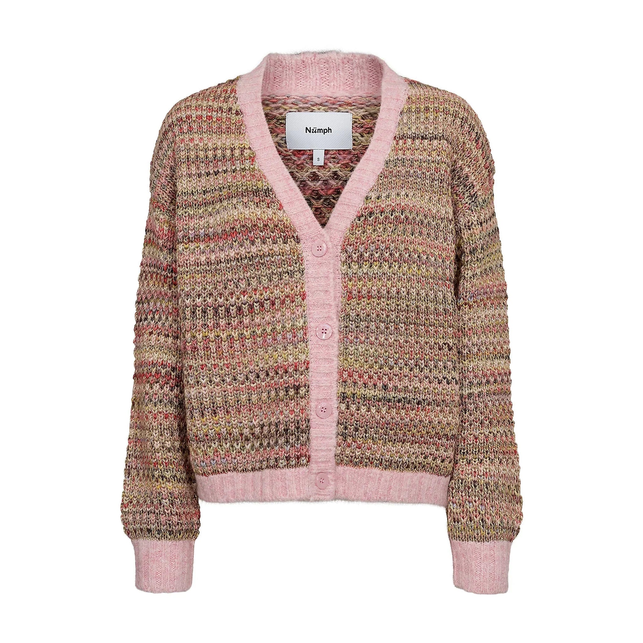 Nümph Nusamia cardigan i pink meleret strik med v-hals, knapper foran og kanter i lys pink, set forfra