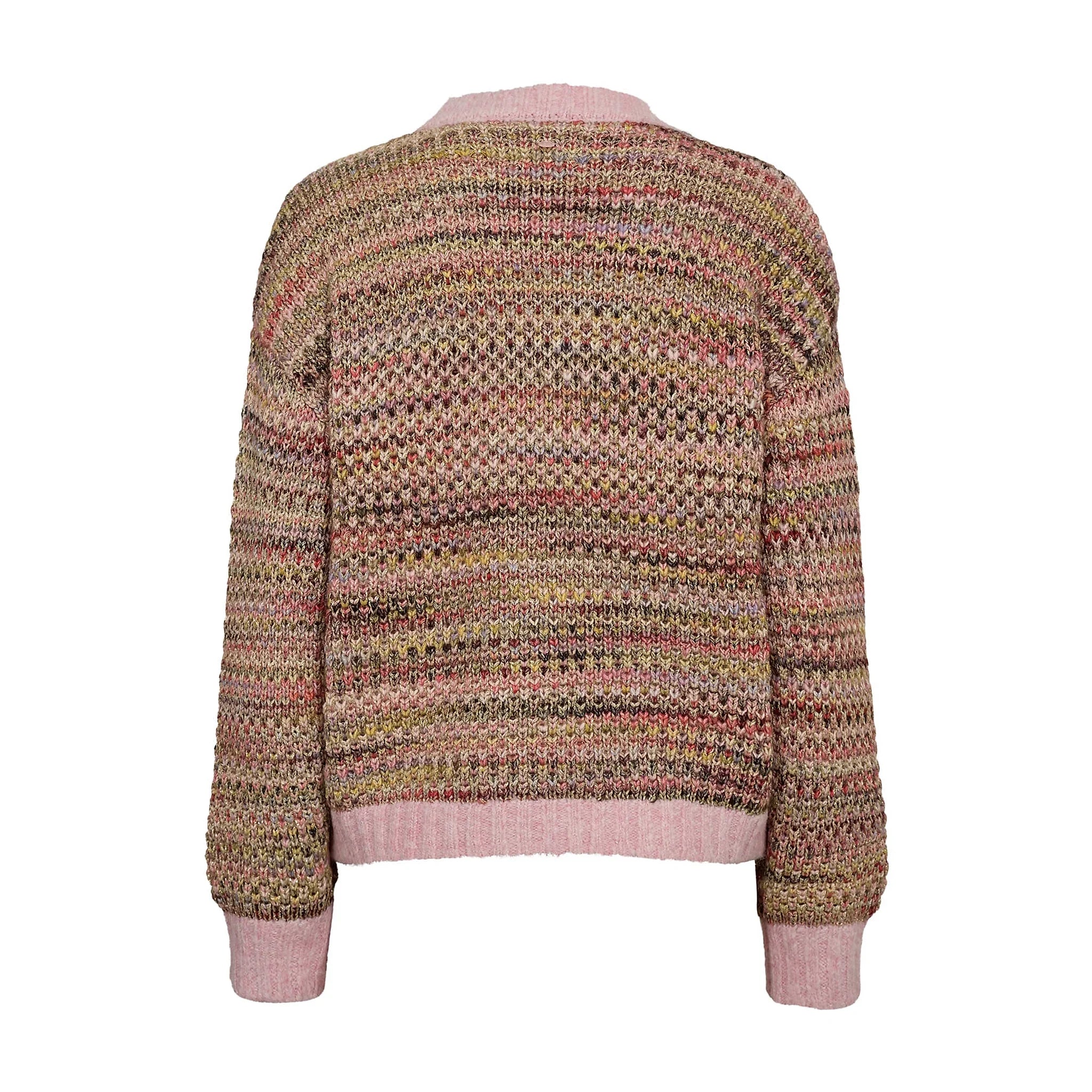 Nümph Nusamia cardigan i pink meleret strik med lange ærmer og ribkanter i lys pink, set bagfra