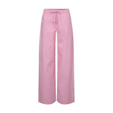 Pink wide leg bukser i bomuld med elastisk linning og snøre med guldfarvede ender, set forfra