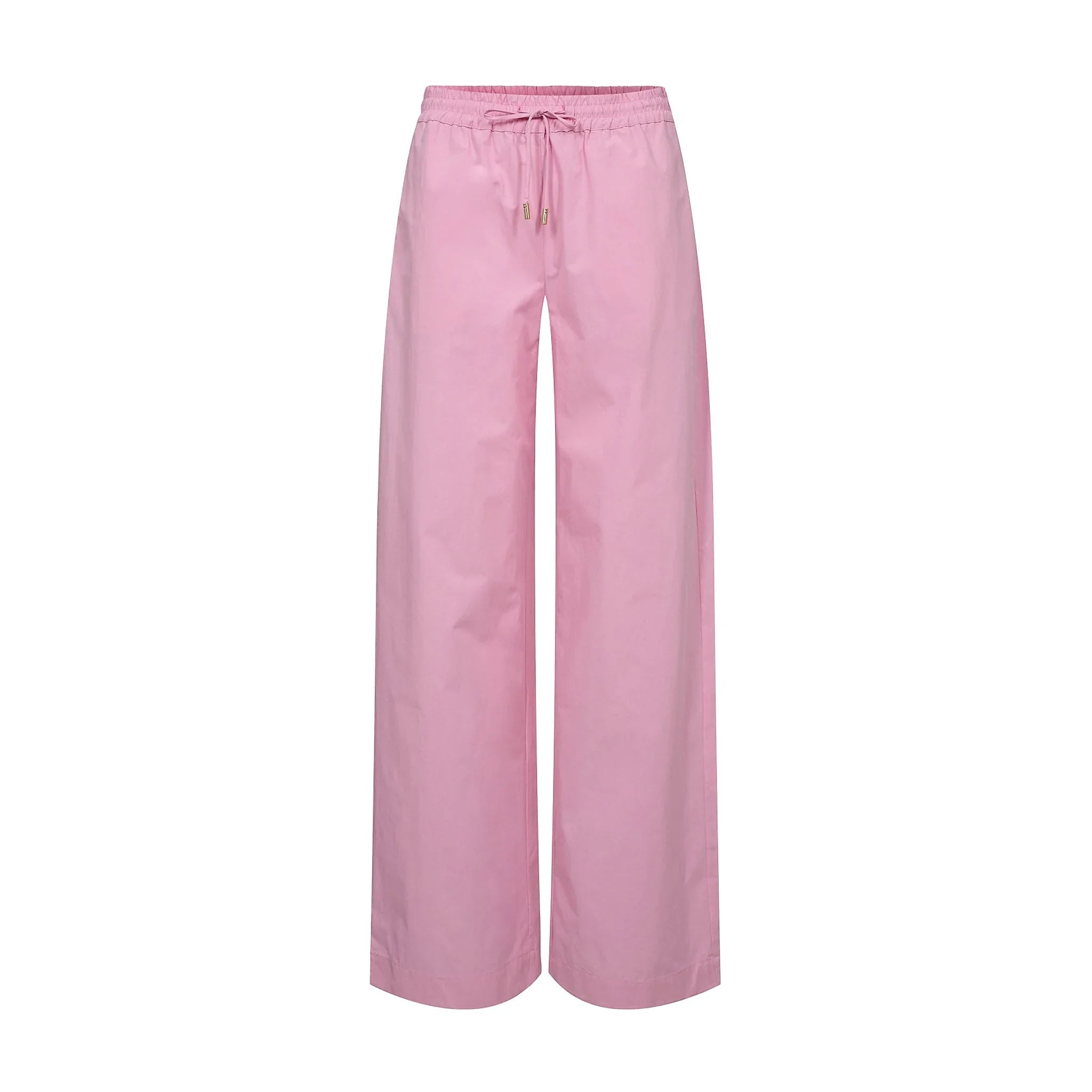 Pink wide leg bukser i bomuld med elastisk linning og snøre med guldfarvede ender, set forfra
