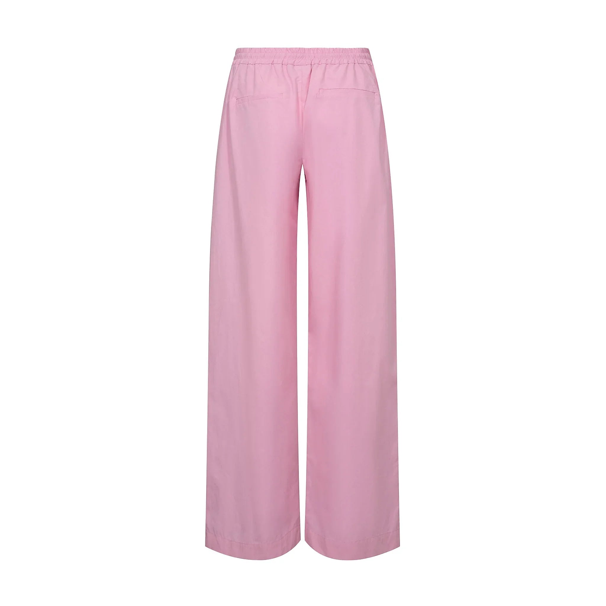 Pink wide leg bukser med to lommer bagpå og elastisk linning, set bagfra
